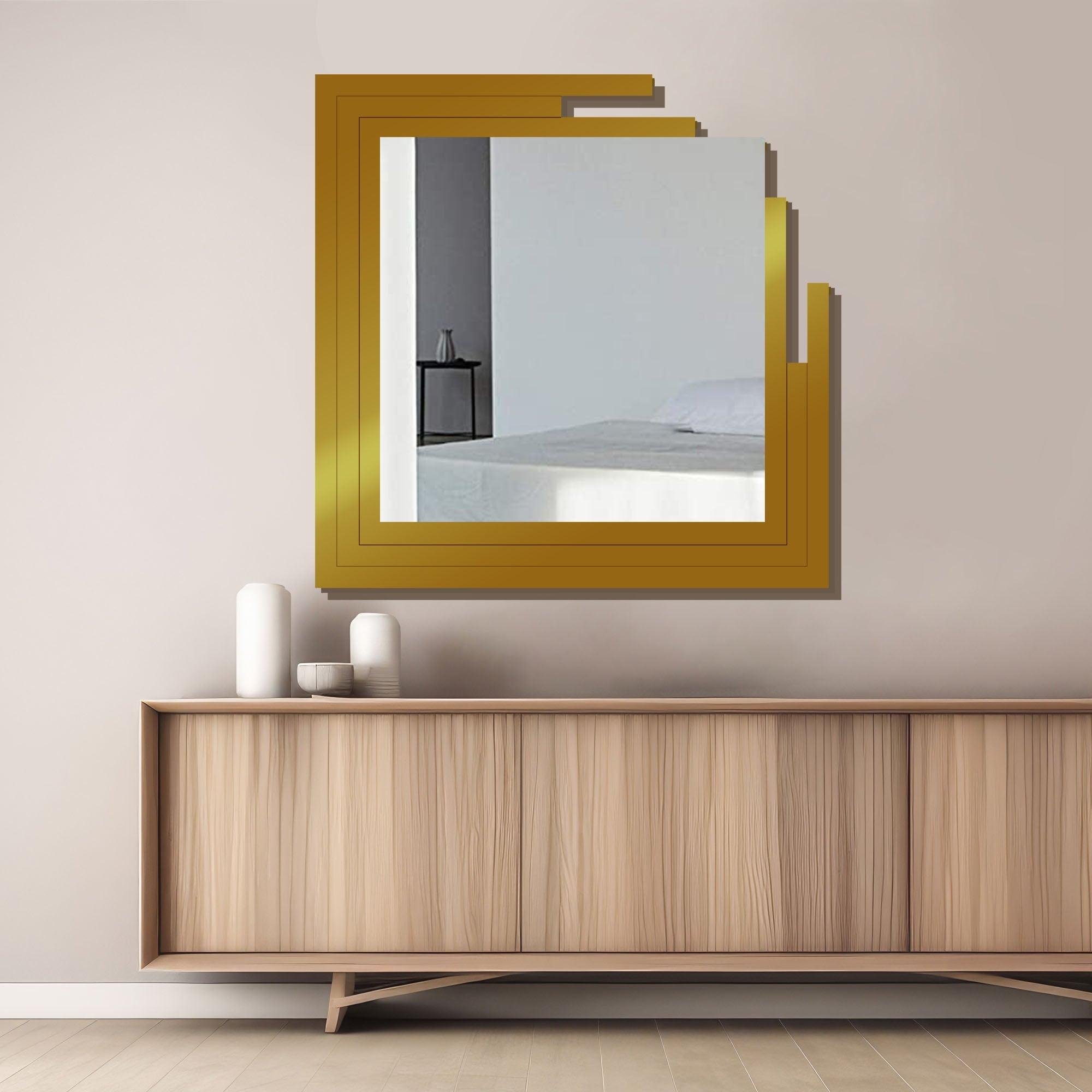 Square Shape Unique Design Wooden Wall Mirror With Gold Texture - Decor Mantra 