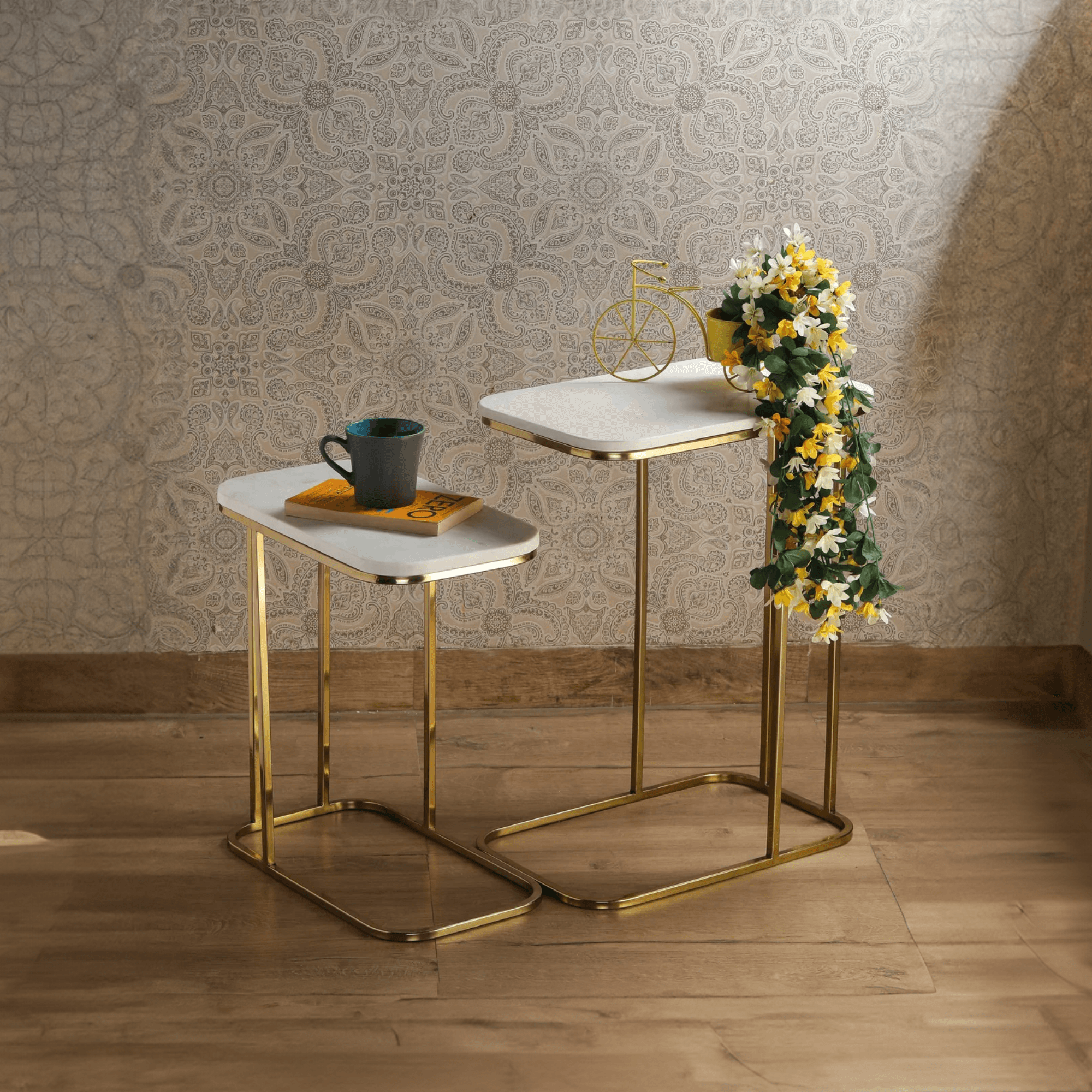 Tehran Rectangle Iron Stand Side Marble Table Set of 2 - Decor Mantra 
