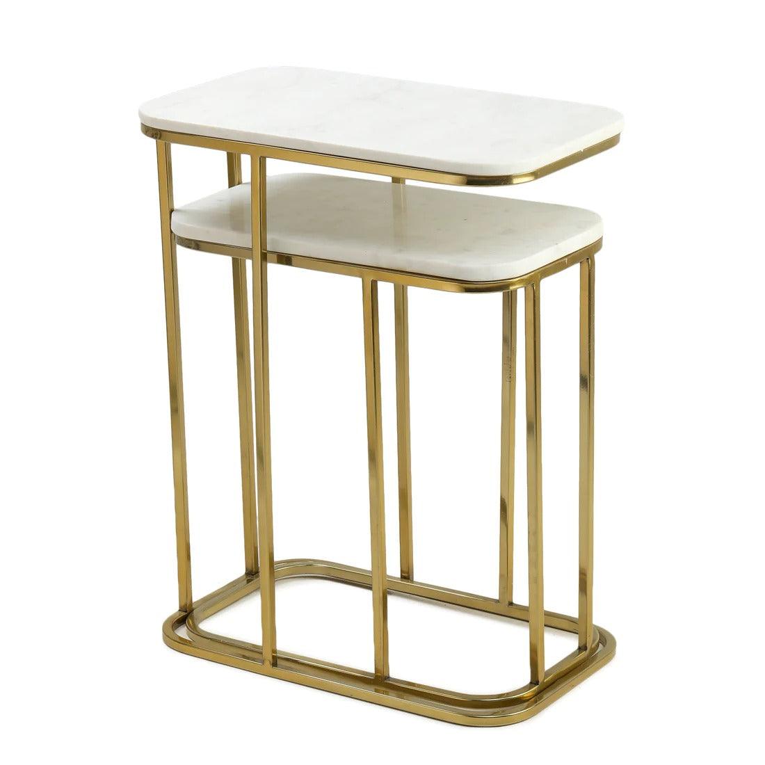 Tehran Rectangle Iron Stand Side Marble Table Set of 2 - Decor Mantra 