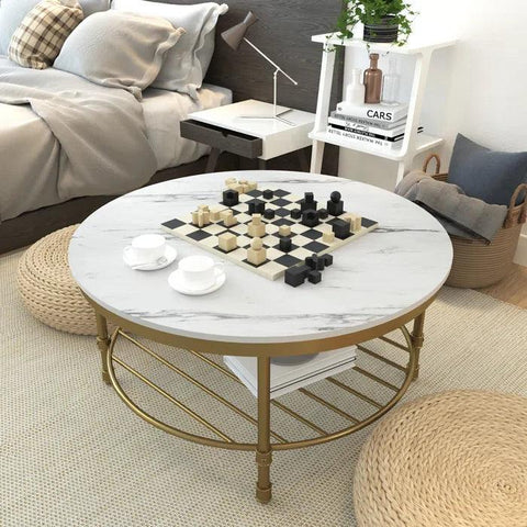 Two Tier Round Coffee Table with White Marble - Decor Mantra 