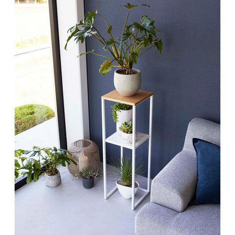 Wood Pedestal 2-Tier Square Shape White Stand End Side Table - Decor Mantra 
